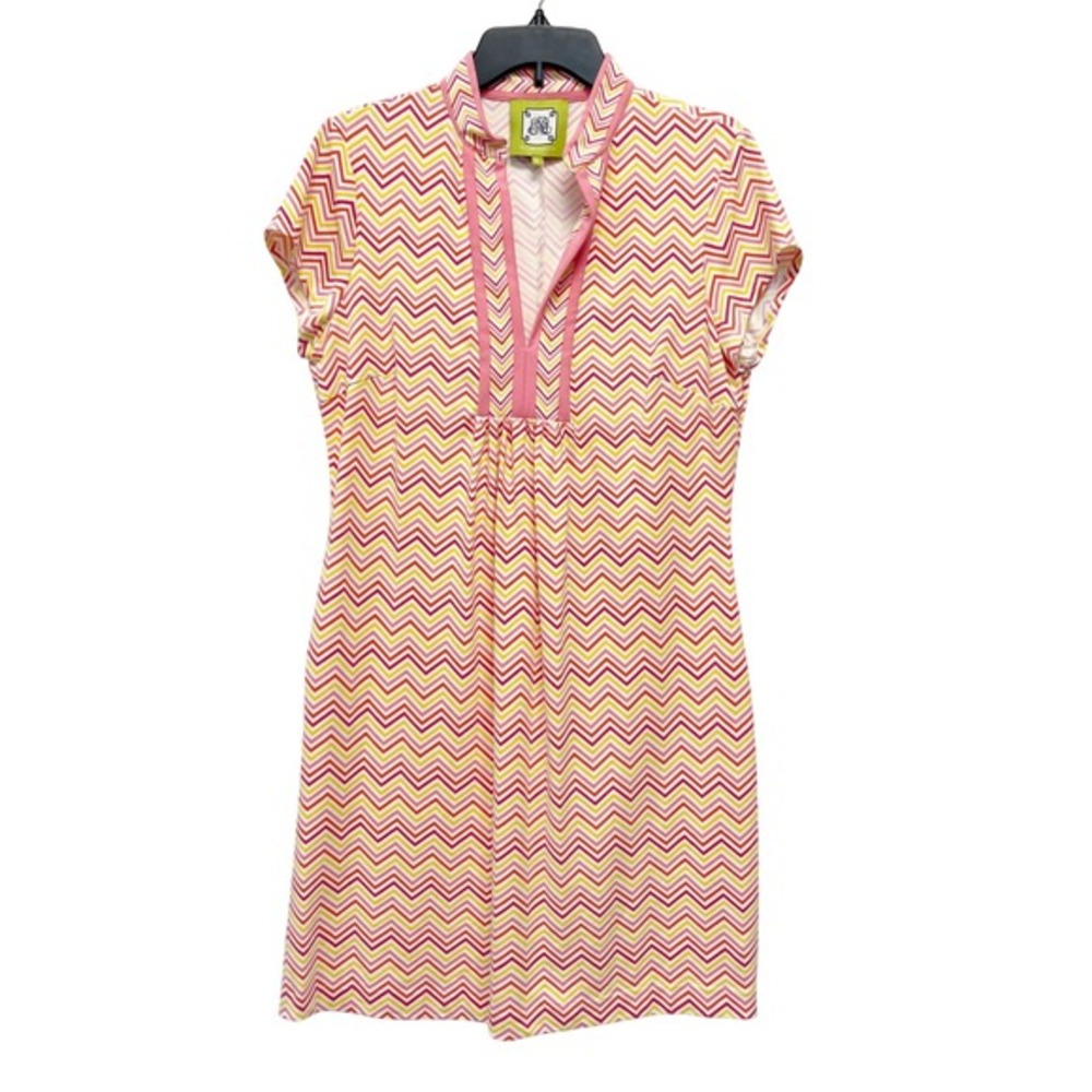 Elizabeth McKay Women's Chevron Print Pink Yellow Red Short Sleeve Dress Size 6